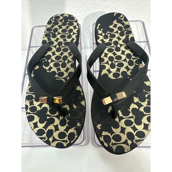 Coach Flip Flops Signature CC Print Black Beige Sandals Size 8B - Picture 1 of 7